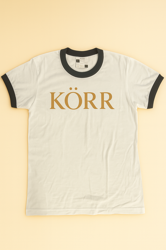 KÖRR Ringer Tee – White w/ Gold Logo (Black Trim)