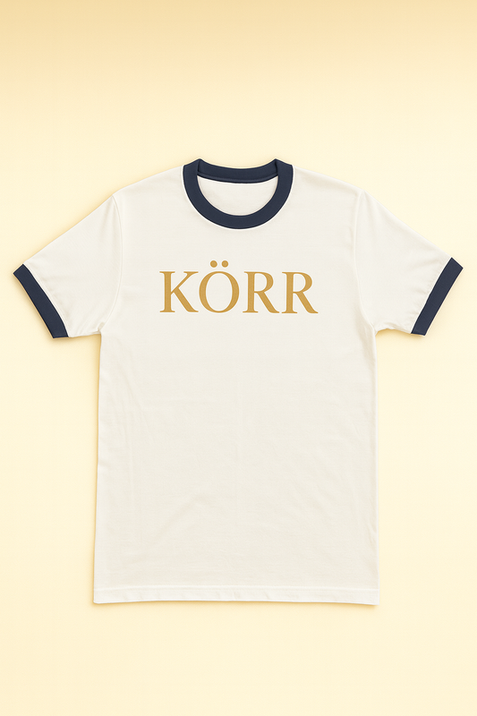 KÖRR Ringer Tee – White w/ Gold Logo (Navy Trim)