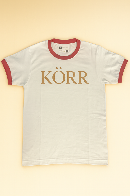 KÖRR Ringer Tee – White w/ Gold Logo (Red Trim)